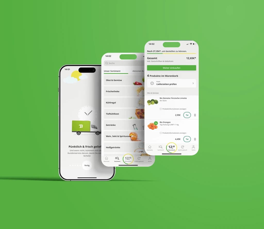 Mobile views of the Bringmeister commerce platform